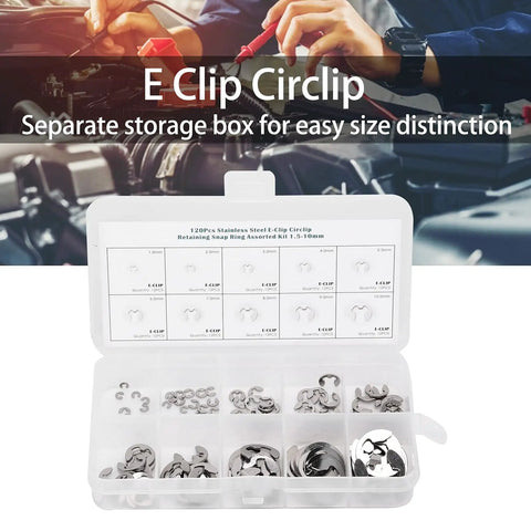 Top Notch 240Pcs E Clips Circlip Retaining Ring Kit 1.5mm To 10mm Stainless Steel, open storage box with organized snap rings.