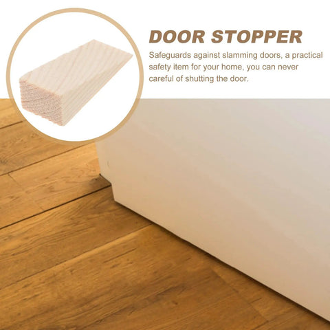 Heavy Duty Wooden Door Stop Wedges Set Of Five Triangular Door Holders for home and office on wooden floor close-up.