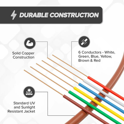 6 colorful conductors of 18 Gauge 6 Conductor Thermostat Wire 150 Feet Brown Low Voltage Cable For HVAC Furnaces Video Doorbells