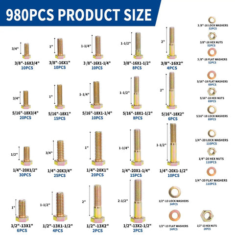 Image of Heavy Duty Grade 8 Hex Bolts And Nuts Assortment Kit 980 Piece Set with sizes from 1/4 to 1/2 inch yellow zinc plated.