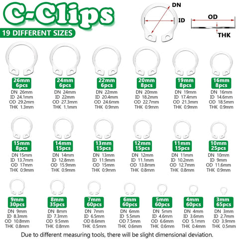 505 Piece C Clips Kit With 19 Sizes External Retaining Rings In 304 Stainless Steel Snap Ring Set From M3 Through M26