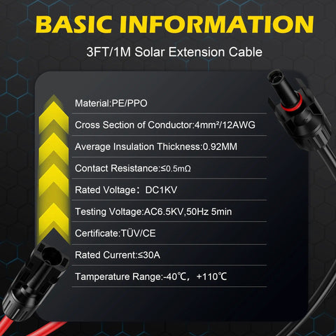 3 Ft Solar Extension Cable 12AWG With Male And Female Connectors material and specifications infographic