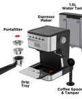 Semi-Automatic Espresso Machine With 15 Bar Pressure, Grounds Or ESE Pods Compatible, Built-In Milk Frother, parts visible