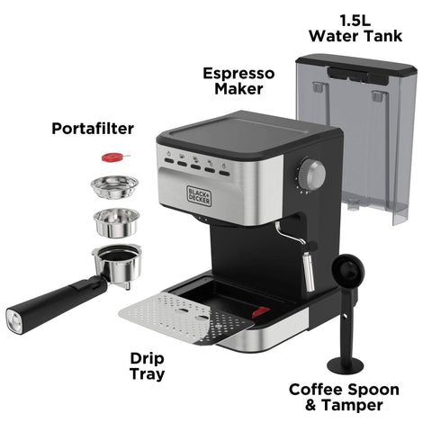Semi-Automatic Espresso Machine With 15 Bar Pressure, Grounds Or ESE Pods Compatible, Built-In Milk Frother, parts visible