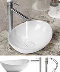 Bathroom Vessel Sink Set 15x12 Inch Oval Ceramic Vessel Sink Basin With Pop Up Drain Faucet Modern Egg Shape Above Counter Vanity Bowl Glossy White Easy To Install shown installed on marble countertop with silver faucet running water.
