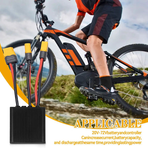 Dual Battery Connector For 20V-72V E-Bikes, Parallel Battery Module With XT60 Port next to a mountain bike