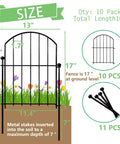 Arched Garden Fence Border Panels 17 Inch By 10 Foot 10 Pack Rustproof Metal No Dig Fence with size illustration.