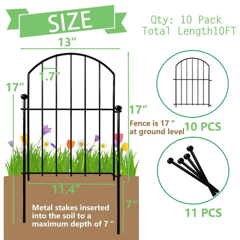 Arched Garden Fence Border Panels 17 Inch By 10 Foot 10 Pack Rustproof Metal No Dig Fence with size illustration.