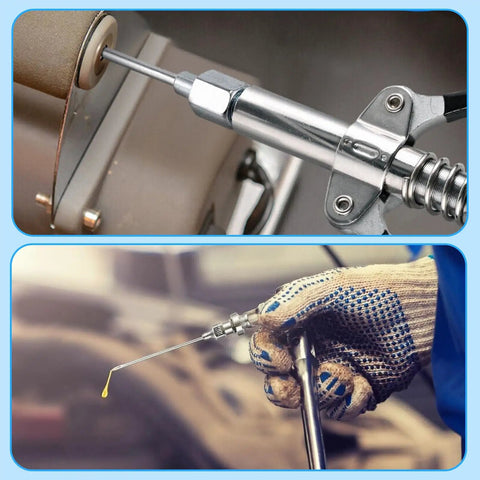 Heavy Duty Grease Needle Dispensing Tool Kit with Steel Tips for Pro Grade Precision Lubrication in use on machinery