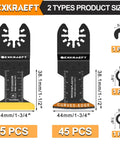 Badass 50 Piece Oscillating Tool Blade Set Featuring 45 Curved Edge And 5 Titanium Straight Cutters For Cutting Wood Plastic Drywall Metal Demolition Tasks Quick Swap Universal Lock, detail of blade sizes.