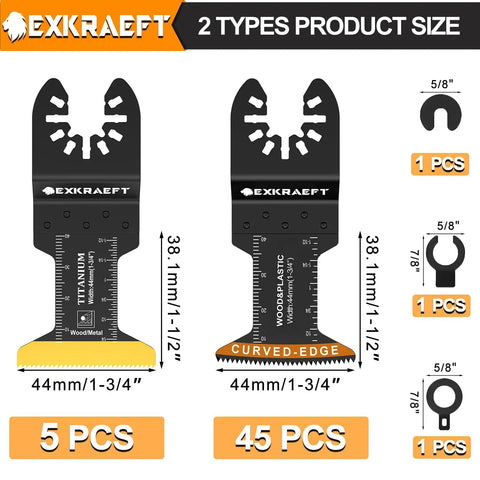 Badass 50 Piece Oscillating Tool Blade Set Featuring 45 Curved Edge And 5 Titanium Straight Cutters For Cutting Wood Plastic Drywall Metal Demolition Tasks Quick Swap Universal Lock, detail of blade sizes.