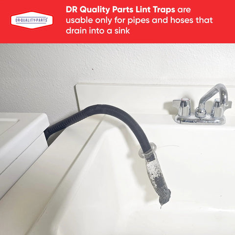 Washer lint-trap filter on a black corrugated drain hose over a sink; stainless steel mesh drain catcher