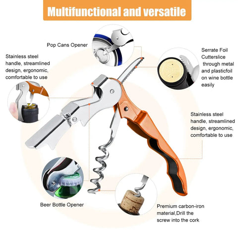 Six Piece Orange Wine Opener Set With Professional Waiter Corkscrews Stainless Bottle Opener Fold Out Serrated Foil Cutter Travel Ready