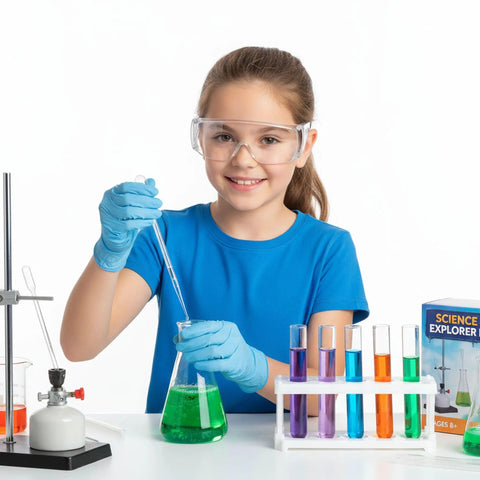 Child wearing 10 Pack Kid Safe Lab Goggles Set With Lightweight Clear Lenses Protective Eye Glasses with science experiment setup