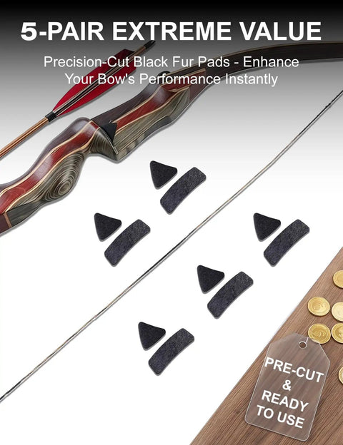 Five Pairs Traditional Recurve Bow Hair Arrow Rests Pre Cut Leather Shelf Pads With Triangle Plates scattered with bow