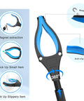 Front view of blue and black 32-inch foldable reacher/grabber with anti-slip grips and magnetic tip.