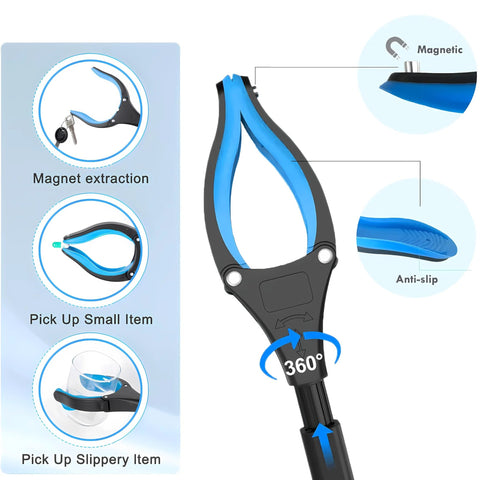 Front view of blue and black 32-inch foldable reacher/grabber with anti-slip grips and magnetic tip.