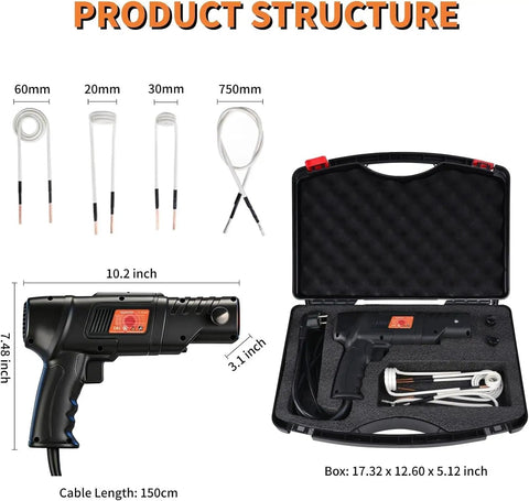 Heavy Duty Induction Heater Tool Featuring 2500 Watts Magnetic Heat For Quickly Zapping Through Rusty Bolts And Stripped Nuts Includes Four Interchangeable Coils and carry toolkit in box.
