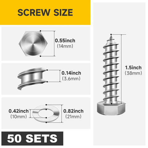 304 Stainless Steel Lag Bolts Kit Three Eighths Inch By One And One Half Inch With Flat Washers And Hex Socket Heavy Duty Wood Fasteners For Wood To Heavy Materials Construction And Outdoor Projects 50 Pieces Bright Finish, diagram showing dimensions