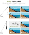 Floating Lake Weed Rake infographic showing usage steps; includes 36-inch aluminum rake, 134-inch handle, 20-foot rope.