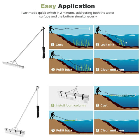 Floating Lake Weed Rake infographic showing usage steps; includes 36-inch aluminum rake, 134-inch handle, 20-foot rope.