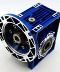 Front view of blue aluminum worm gear speed reducer with silver round output flange and mounting holes.
