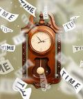 Wooden wall clock with pendulum, surrounded by floating time illustrations, showcasing a Quartz Pendulum Clock Movement Kit With Two Pairs Of Hands And Pendulum, DIY Clock Repair Parts Set For Easy Replacement And Quick Fixes, Includes Instructions