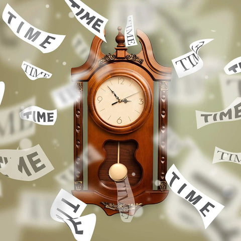 Wooden wall clock with pendulum, surrounded by floating time illustrations, showcasing a Quartz Pendulum Clock Movement Kit With Two Pairs Of Hands And Pendulum, DIY Clock Repair Parts Set For Easy Replacement And Quick Fixes, Includes Instructions