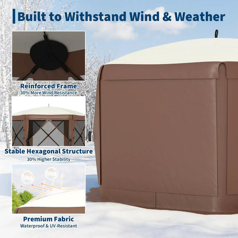 Side view of Hexagonal Six Sided Pop Up Gazebo Tent With Easy One Push Setup Mesh Panels And Removable Wind Cloths in snow
