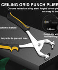 9.5 Inch Ceiling Grid Punch Tool, heavy duty hole punch pliers with ergonomic handle and chromium-vanadium steel on display.