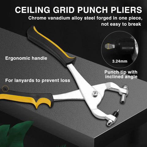 9.5 Inch Ceiling Grid Punch Tool, heavy duty hole punch pliers with ergonomic handle and chromium-vanadium steel on display.