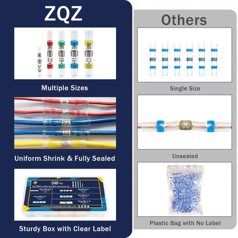 Comparison of 540 Piece Solder Seal Wire Connectors Kit with heat shrink versus others, showing multiple sizes and clear labeling.