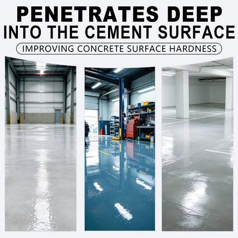 Heavy Duty Penetrating Concrete Sealer And Hardener For Garage Driveways And Basements, applied on blue and gray garage floors.