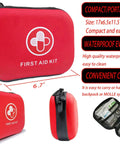 Portable 150 Piece Waterproof Hard Shell First Aid Kit, red with carabiners, shown front and side, interior compartments visible