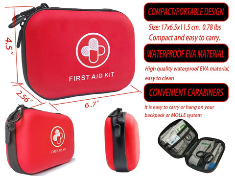 Portable 150 Piece Waterproof Hard Shell First Aid Kit, red with carabiners, shown front and side, interior compartments visible