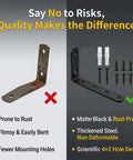 Top Notch Rock Solid Heavy Duty Black Cold Rolled Steel L Brackets 5 X 3 Inch comparison of rusted vs new design with screws.