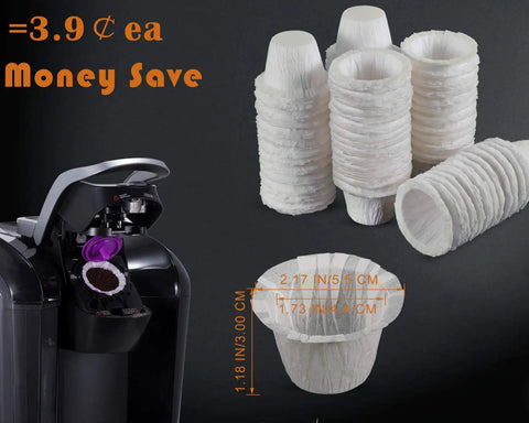 Disposable K Cup Coffee Filters 200 Count For Keurig 1.0 And 2.0 Brews Single Serve Paper Filters stacked and in use