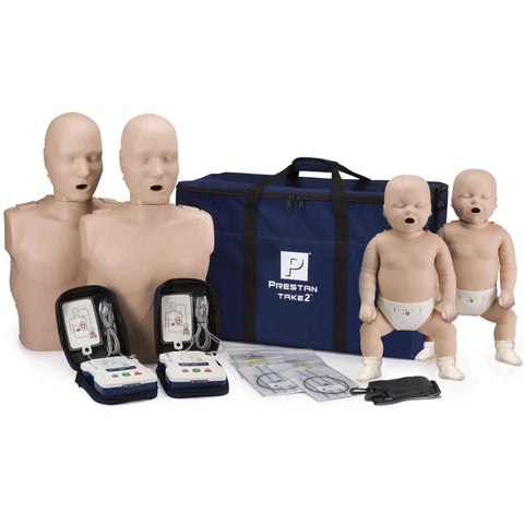 Take2 CPR Manikin And UltraTrainer Kit With Feedback For Realistic Practice Two Adults And Two Infants Plus Two AED UltraTrainers And Full Accessory Pack Including Shields Lung Bags Kneeling Mats ManiVests ManiBibs And Carry Bags displayed