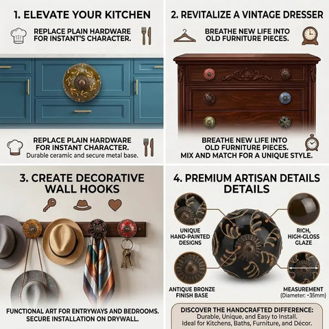 Top Notch Hand Painted Ceramic Cabinet Knobs And Drawer Pulls Pack Of Twelve Chic Boho Style Furniture Handles With Included Screws for kitchen and dresser upgrades.