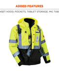 Hi Vis Reflective Winter Bomber Jacket With Zip Out Fleece Liner, black bottom, inset hood, pockets, tablet storage, mic tabs.