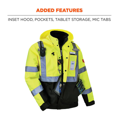Hi Vis Reflective Winter Bomber Jacket With Zip Out Fleece Liner, black bottom, inset hood, pockets, tablet storage, mic tabs.
