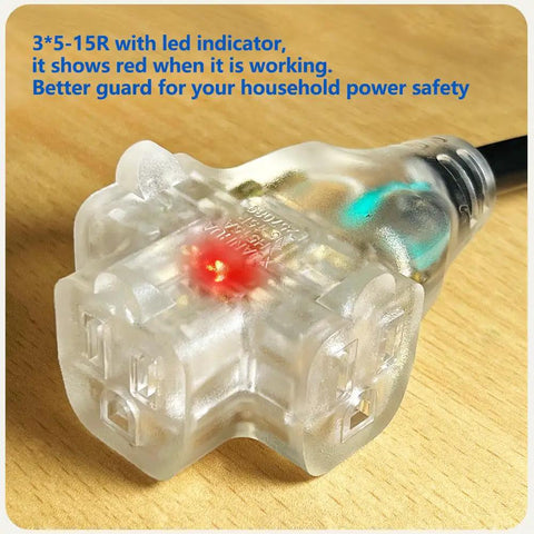 10-50P Male To 3x 5-15R Tri Outlet With Lighted Neon Guard Converts 220/250V Stove Range Oven To 110/125V Power For Home Use, 30A Max, 3750W Output, Household Electrical Adapter For Appliances And Tools, LED indicator glowing red.