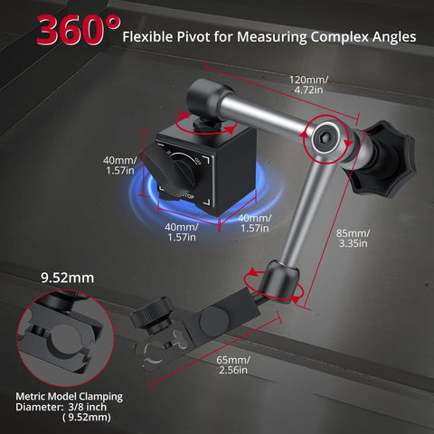Dial indicator with magnetic base and 360° articulating silver arm, front view