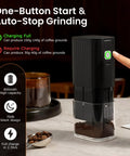 Road Trip Ready Portable Electric Coffee Grinder With Adjustable Stainless Steel Burrs, USB Rechargeable One Touch Auto Stop, No Sweat Brewing For Espresso To French Press, Collapsible Hopper In Black, showing one-button operation.