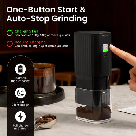 Road Trip Ready Portable Electric Coffee Grinder With Adjustable Stainless Steel Burrs, USB Rechargeable One Touch Auto Stop, No Sweat Brewing For Espresso To French Press, Collapsible Hopper In Black, showing one-button operation.