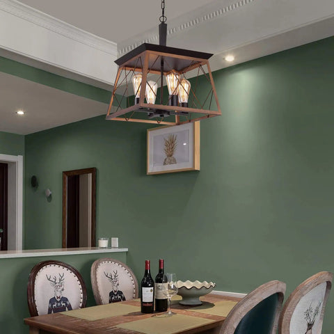 Farmhouse Rustic Chandelier With Antique Geometric Industrial Design In Bronze Four Light Hanging Fixture for dining room