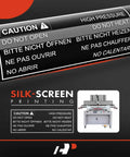 Close-up of silk-screen printed caution label on tailgate assist lift gas spring for Rear Left Tailgate Assist Lift Gas Spring And Shock Strut For Nissan Frontier 2005 2021 Drop In OE Replacement Black 18 Inch Extended Length Direct Fit For Crew Cab And Extended Cab Pickup.