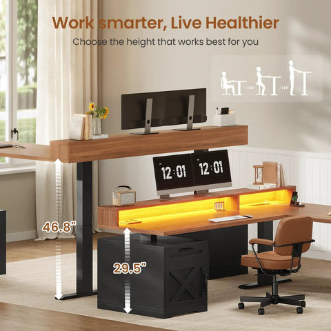 Height adjustable Farmhouse L Shaped Standing Desk with LED lights, monitor stand, drawers, and power outlet in home office.