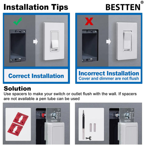 Correct and incorrect installation tips for Flicker Free Dimmer Switch Pack For LED CFL Incandescent And Halogen Bulbs, 10 Pack.