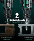Close-up view of Go-To Cordless Hammer Drill Set With 20V 2.0Ah Battery Two-Pack demonstrating drilling wood and metal at 0-1350 RPM.